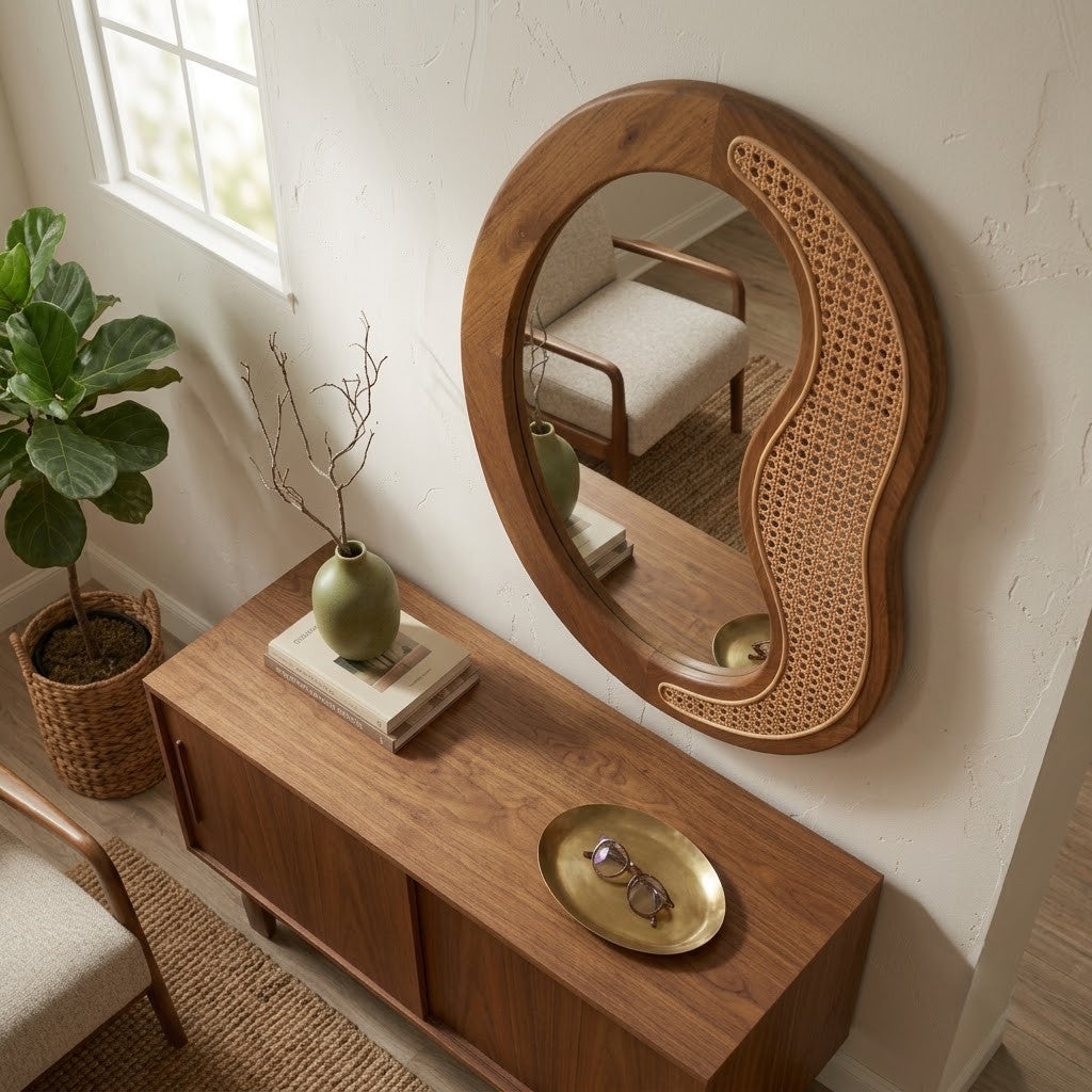 Warm brown wooden wall mirror for living room décor