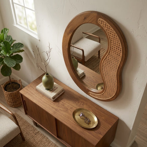 Warm brown wooden wall mirror for living room décor