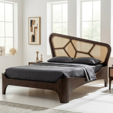 Priti Sheesham Wood & Cane Bed – Honey Finish