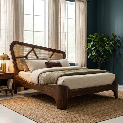 Priti Sheesham Wood & Cane Bed – Honey Finish