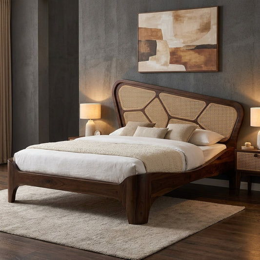 Priti Sheesham Wood & Cane Bed –Walnut