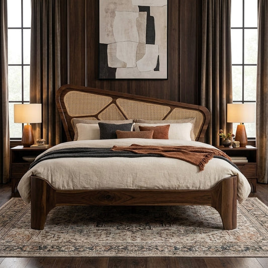 Priti Sheesham Wood & Cane Bed –Walnut