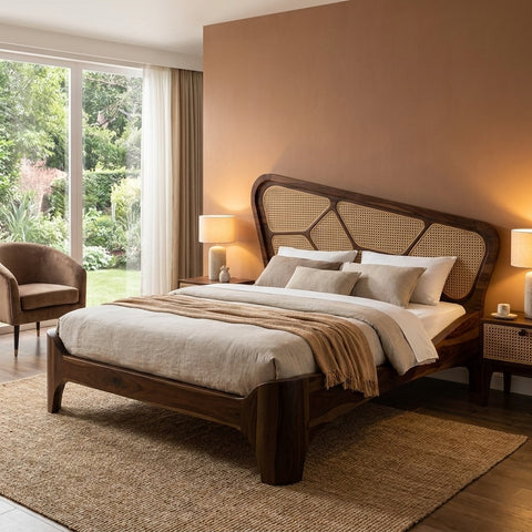 Priti Sheesham Wood & Cane Bed – Honey Finish