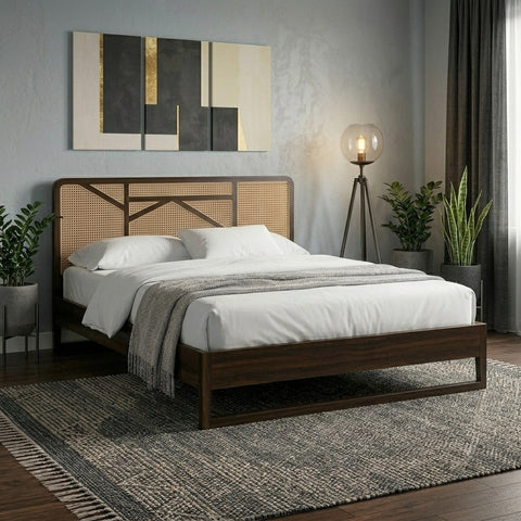 Priti Sheesham Wood & Cane Bed – Walnut