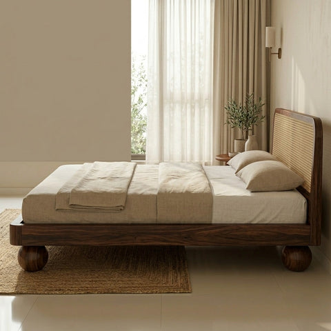 Priti Sheesham Wood Bed with Ball Shaped Legs and Cane Weaving Headboard