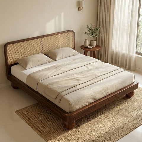 Priti Sheesham Wood Bed with Ball Shaped Legs and Cane Weaving Headboard