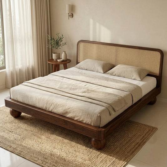 Priti Sheesham Wood Bed with Ball Shaped Legs and Cane Weaving Headboard