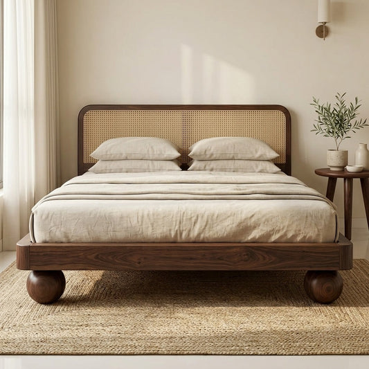 Priti Sheesham Wood Bed with Ball Shaped Legs and Cane Weaving Headboard
