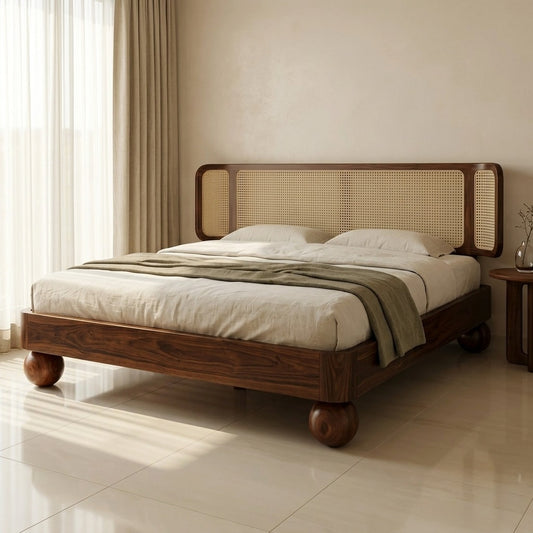Priti Sheesham Wood Bed with Ball Shaped Legs and Cane Weaving Headboard
