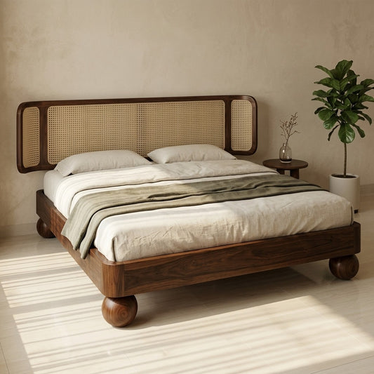 Priti Sheesham Wood Bed with Ball Shaped Legs and Cane Weaving Headboard