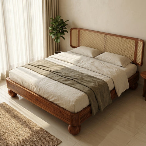 Priti Sheesham Wood Bed with Ball Shaped Legs and Cane Weaving Headboard
