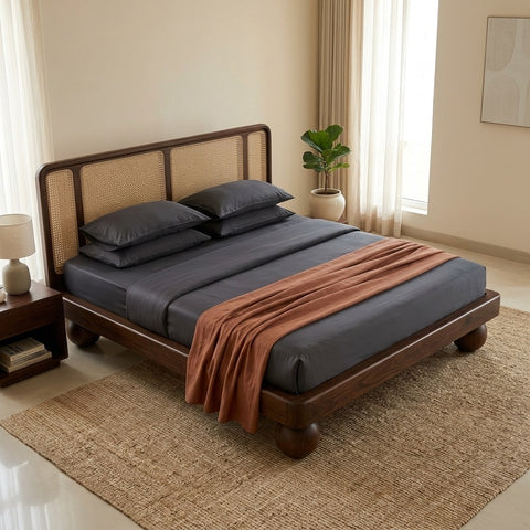 Priti Sheesham Wood Bed with Ball Shaped Legs and Cane Weaving Headboard
