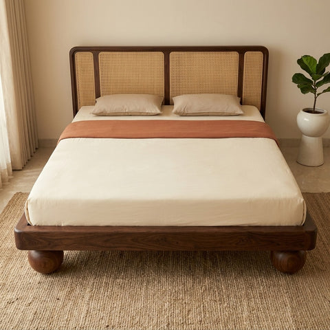 Priti Sheesham Wood Bed with Ball Shaped Legs and Cane Weaving Headboard