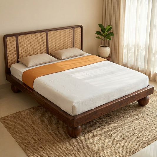 Priti Sheesham Wood Bed with Ball Shaped Legs and Cane Weaving Headboard