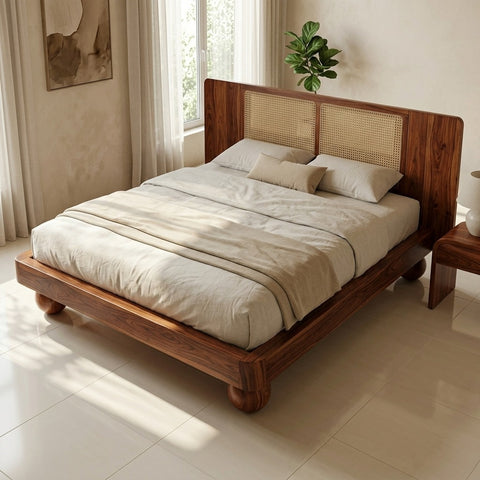 Priti Sheesham Wood Bed with Ball Shaped Legs and Cane Weaving Headboard
