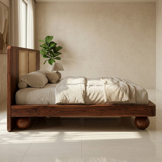 Priti Sheesham Wood Bed with Ball Shaped Legs and Cane Weaving Headboard