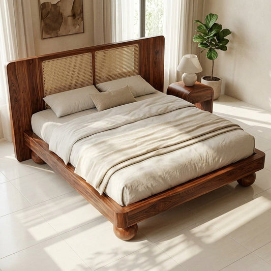 Priti Sheesham Wood Bed with Ball Shaped Legs and Cane Weaving Headboard