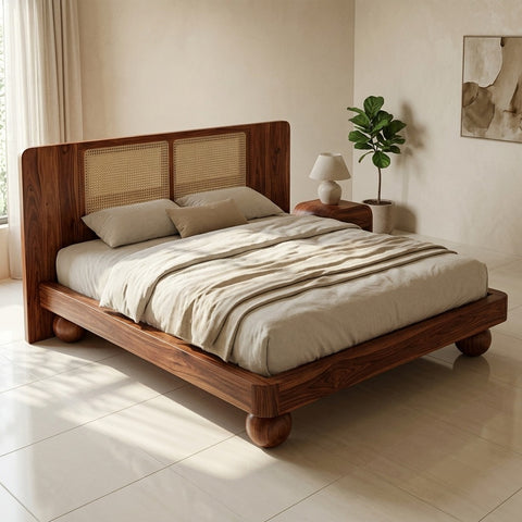 Priti Sheesham Wood Bed with Ball Shaped Legs and Cane Weaving Headboard