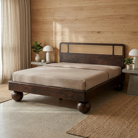 Priti Sheesham Wood Bed with Ball Shaped Legs and Cane Weaving Headboard