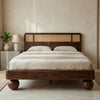 Priti Sheesham Wood Bed with Ball Shaped Legs and Cane Weaving Headboard