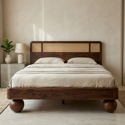 Priti Sheesham Wood Bed with Ball Shaped Legs and Cane Weaving Headboard
