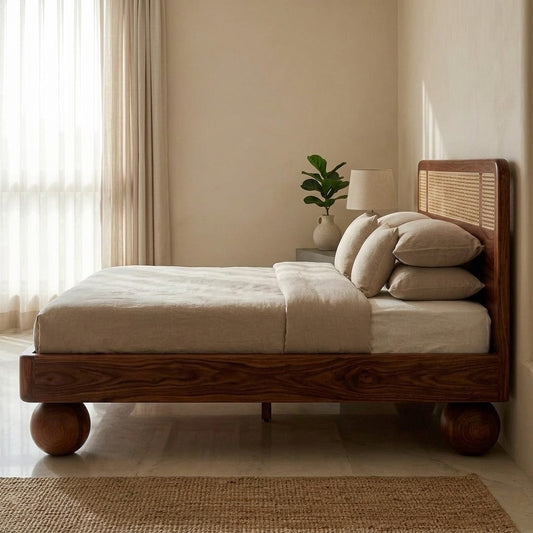 Priti Sheesham Wood Bed with Ball Shaped Legs and Cane Weaving Headboard