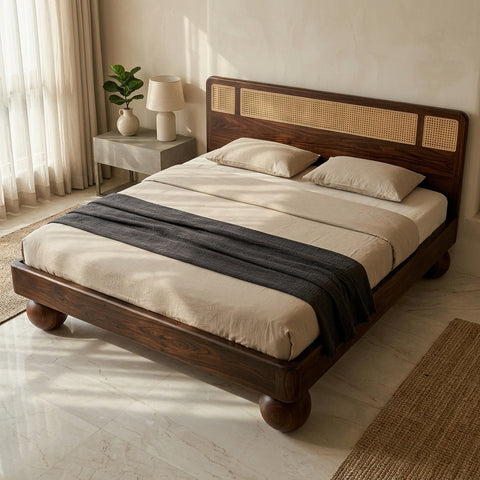 Priti Sheesham Wood Bed with Ball Shaped Legs and Cane Weaving Headboard