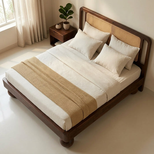 Priti Sheesham Wood Bed with Ball Shaped Legs and Cane Weaving Headboard