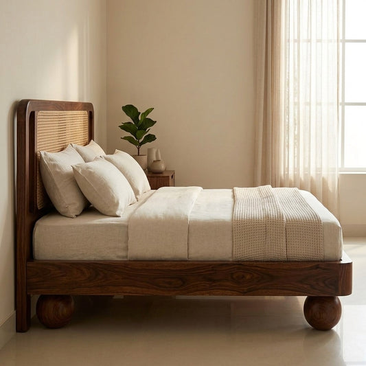 Priti Sheesham Wood Bed with Ball Shaped Legs and Cane Weaving Headboard