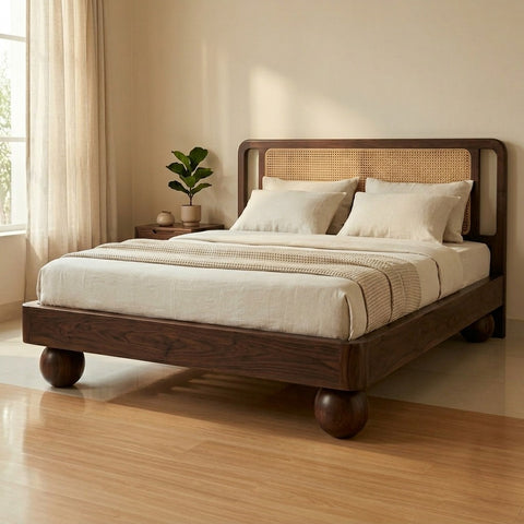 Priti Sheesham Wood Bed with Ball Shaped Legs and Cane Weaving Headboard