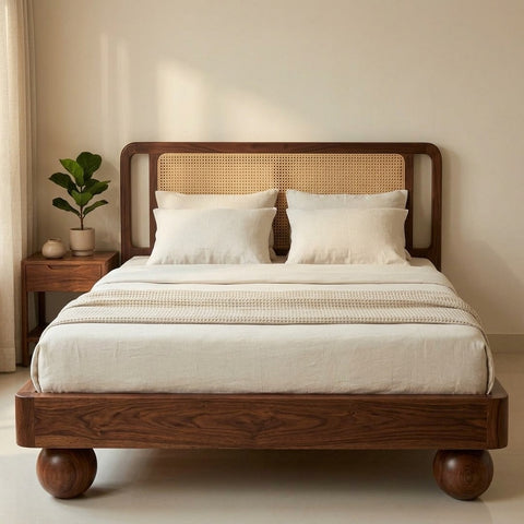 Priti Sheesham Wood Bed with Ball Shaped Legs and Cane Weaving Headboard