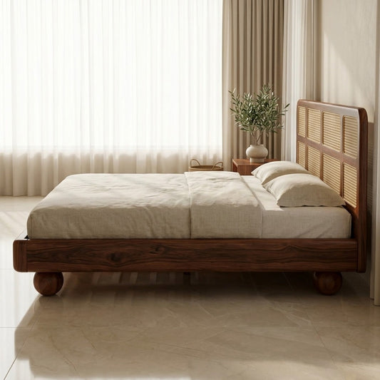 Priti Sheesham Wood Bed with Ball Shaped Legs and Cane Weaving Headboard