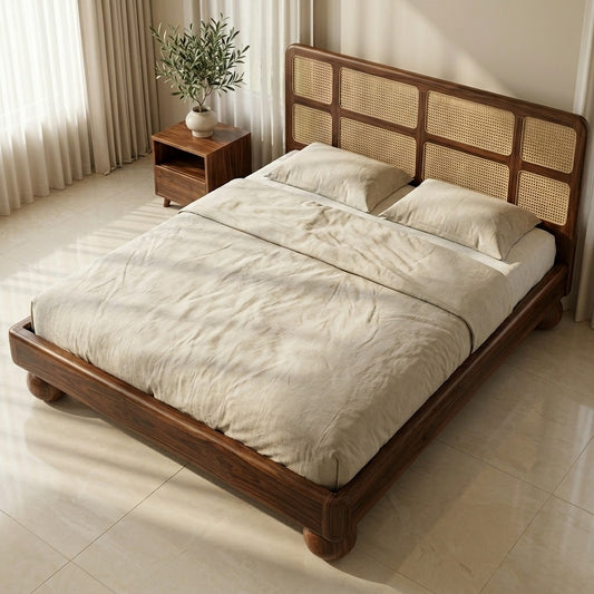 Priti Sheesham Wood Bed with Ball Shaped Legs and Cane Weaving Headboard