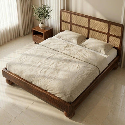 Priti Sheesham Wood Bed with Ball Shaped Legs and Cane Weaving Headboard