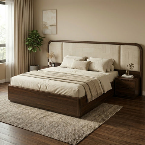 Priti Premium Sheesham Wood Bed with Velvet Headboard