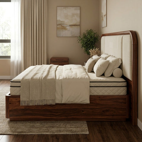 Priti Premium Sheesham Wood Bed with Velvet Headboard
