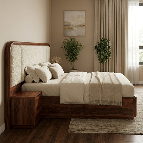 Priti Premium Sheesham Wood Bed with Velvet Headboard