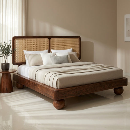 Priti Sheesham Wood Bed with Ball Shaped Legs and Cane Weaving Headboard