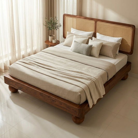 Priti Sheesham Wood Bed with Ball Shaped Legs and Cane Weaving Headboard