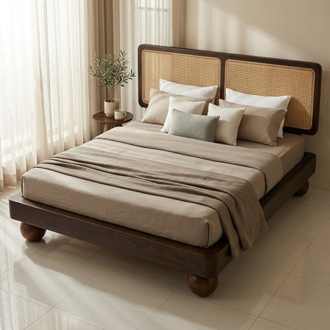 Priti Sheesham Wood Bed with Ball Shaped Legs and Cane Weaving Headboard