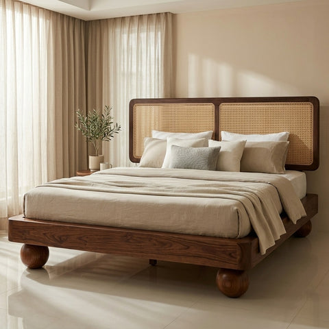 Priti Sheesham Wood Bed with Ball Shaped Legs and Cane Weaving Headboard