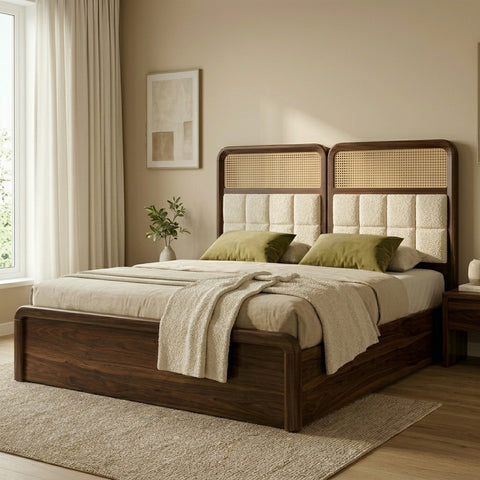 Priti Sheesham Wood Bed with Velvet Headboard