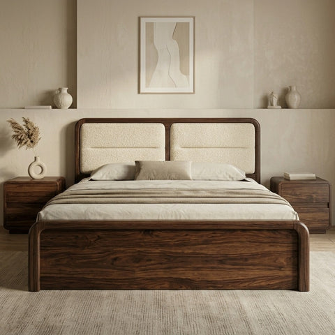 Priti Premium Sheesham Wood Bed with Velvet Headboard