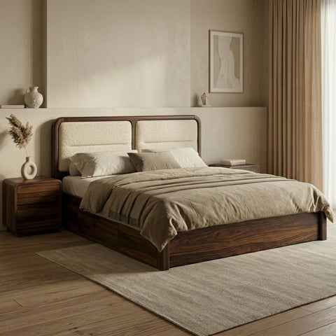 Priti Premium Sheesham Wood Bed with Velvet Headboard