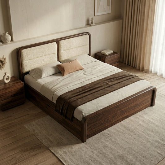 Priti Premium Sheesham Wood Bed with Velvet Headboard