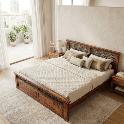 PRITI Wooden Queen Bed - Brown