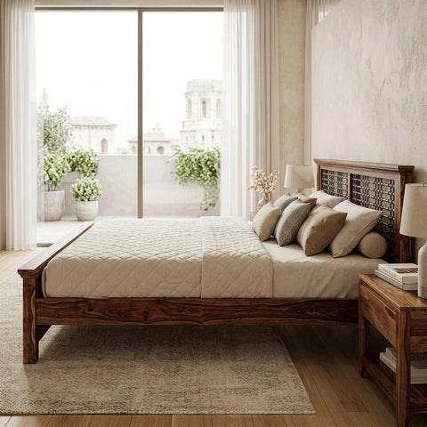 PRITI Wooden Queen Bed - Brown