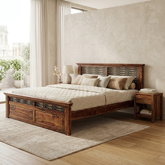 PRITI Wooden Queen Bed - Brown