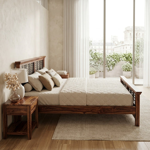 PRITI Wooden Queen Bed - Brown