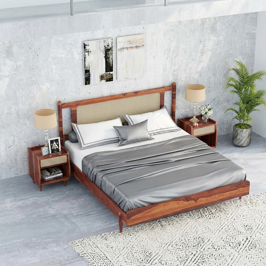 PRITI Wooden Cane King-Queen Size Bed Without Storage